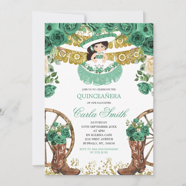 Invitation Emerald Green et Gold Charra Mis Quince (Devant)