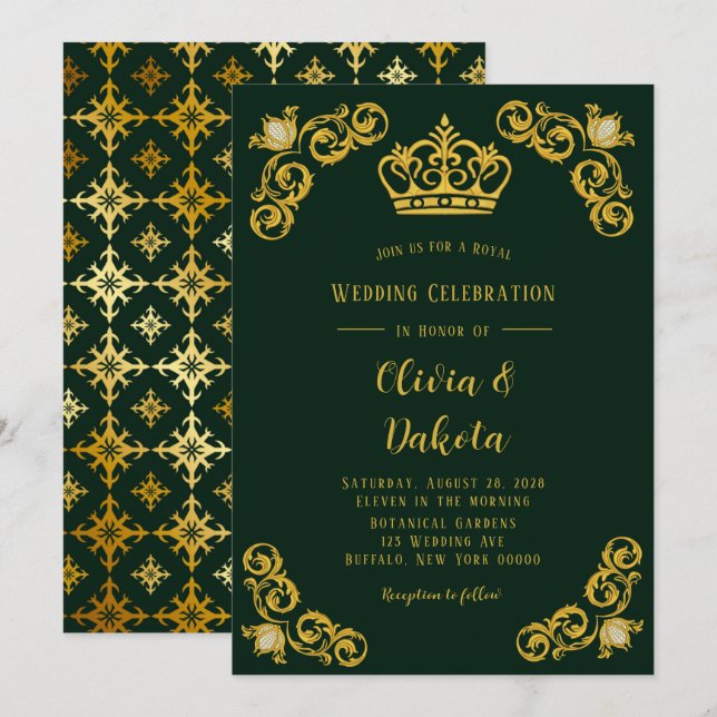Invitation Emerald Green et Gold Damask Mariage royal (Devant / Derrière)