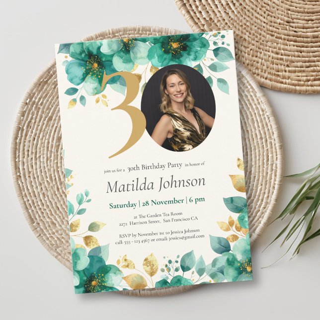 Invitation Emerald Green et Gold Floral 30e anniversaire (Emerald Green and Gold Floral 30th Birthday Invitation)