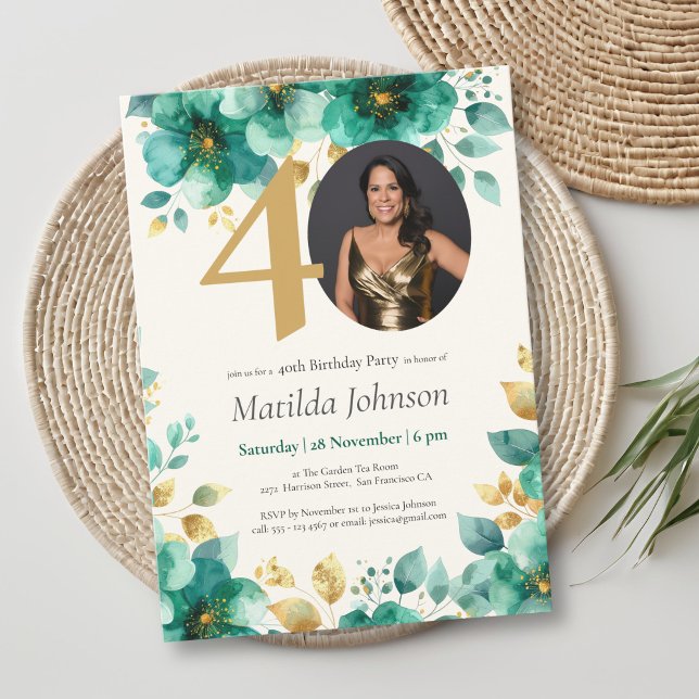 Invitation Emerald Green et Gold Floral 40e anniversaire (Emerald Green and Gold Floral 40th Birthday Invitation)