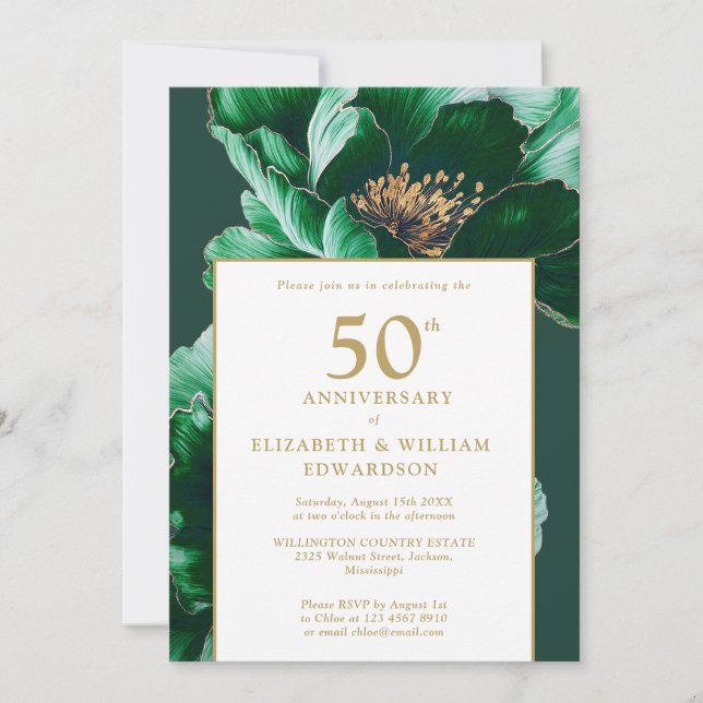 Invitation Emerald Green et Gold Floral 50e anniversaire (Devant)