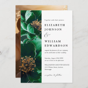 Invitation Emerald Green Et Gold Modern Floral Photo Mariage