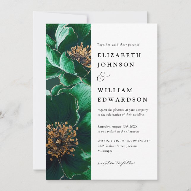 Invitation Emerald Green Et Gold Modern Floral Photo Mariage (Devant)
