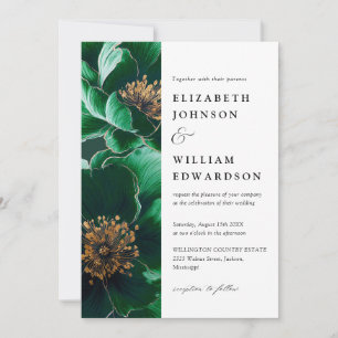 Invitation Emerald Green Et Gold Modern Floral Photo Mariage