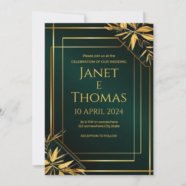 Invitation Emerald Green et Gold Modern Invitation. (Devant)