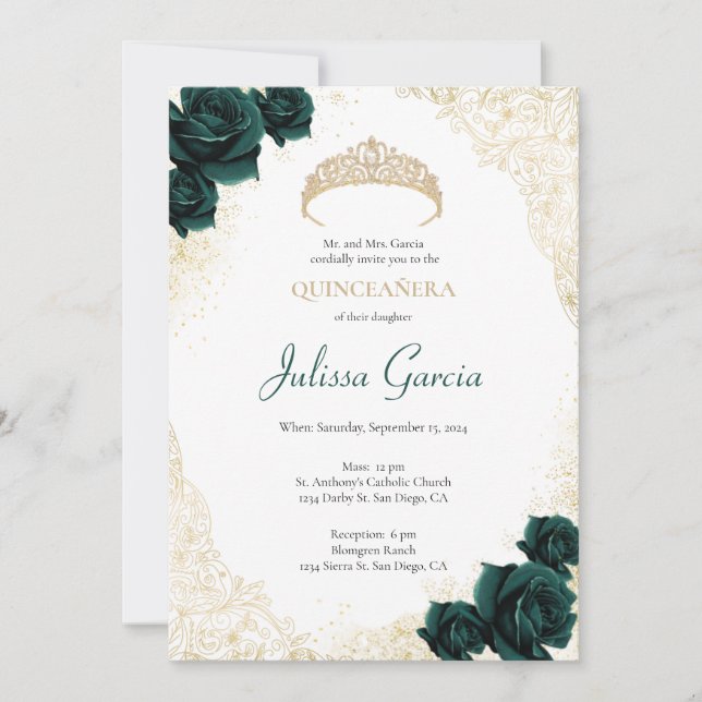 Invitation Emerald Green et Gold Quinceanera (Devant)