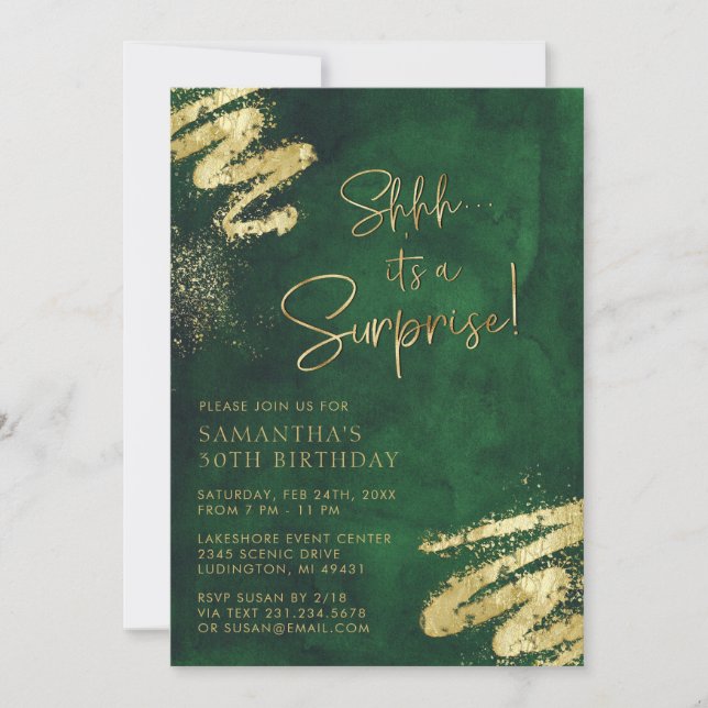 Invitation Emerald Green et Gold Surprise fête d'anniversaire (Devant)