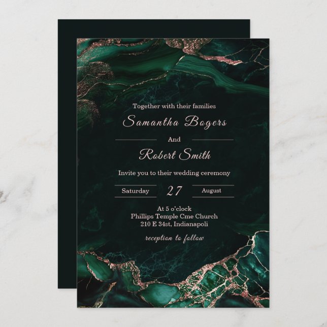 Invitation Emerald Green et Rose Gold Mariage (Devant / Derrière)