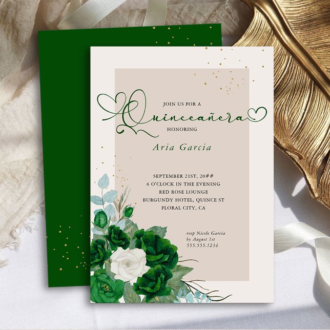 Invitation Emerald Green et Roses ivoiriens Elegant Quinceane (Quinceanera Invitation from the Royal Rose Emerald Green Quinceanera Collection by Darling & May)