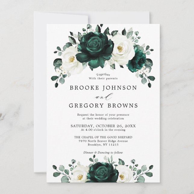 Invitation Emerald Green Eucalyptus Blanc Floral Mariage (Devant)