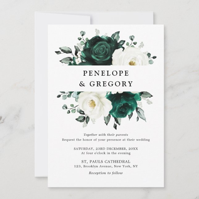 Invitation Emerald Green Eucalyptus Blanc Floral Mariage (Devant)