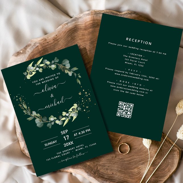 Invitation Emerald Green Eucalyptus QR Code Mariage (Créateur téléchargé)