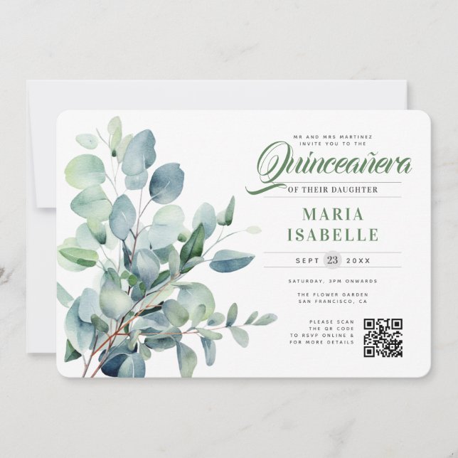 Invitation Emerald Green Eucalyptus Sage QR Code Quinceañera (Devant)