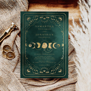 Invitation Emerald Green & Faux Gold Tarot Mariage céleste