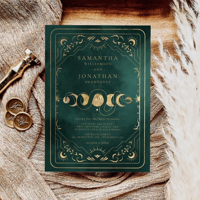 Invitation Emerald Green & Faux Gold Tarot Mariage céleste (Créateur téléchargé)