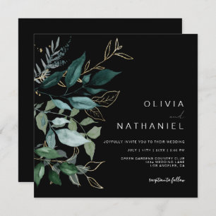 Invitation Emerald Green Feuilles d'or Feuillage Mariage fonc