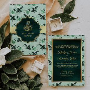 Invitation Emerald Green Feuilles et Mint Rose musulman Maria