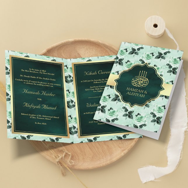 Invitation Emerald Green Feuilles et Mint Rose musulman Maria (Créateur téléchargé)