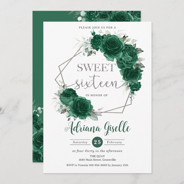 Invitation Emerald Green Floral Argent Sweet sixteen Annivers (Devant / Derrière)