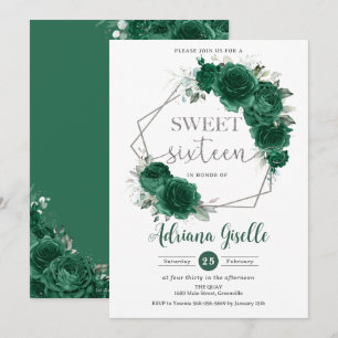 Invitation Emerald Green Floral Argent Sweet sixteen Annivers