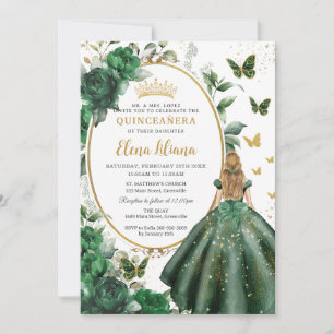 Invitation Emerald Green Floral Blonde Princess Quinceañera