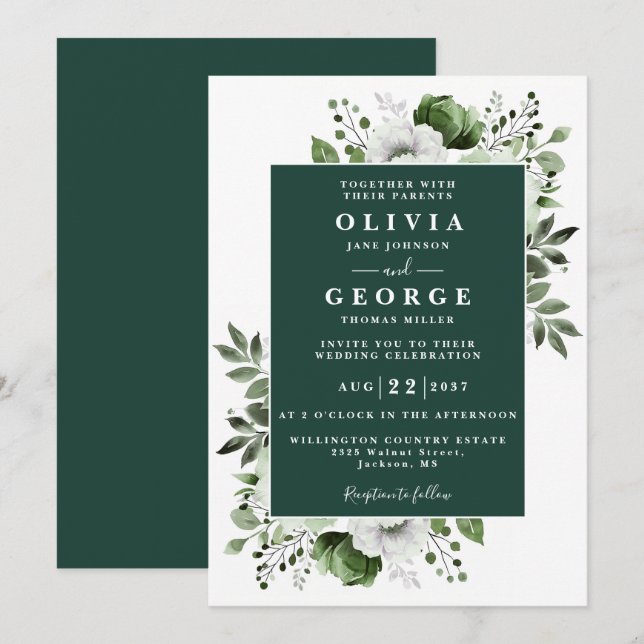 Invitation Emerald Green Floral Botanique Moderne Mariage (Devant / Derrière)