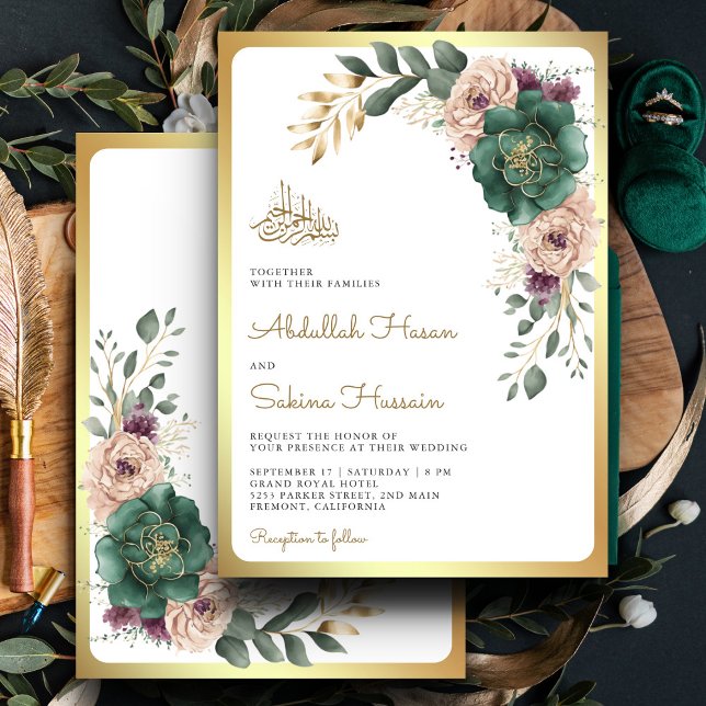 Invitation Emerald Green Floral Branch QR Code Mariage musulm (Créateur téléchargé)