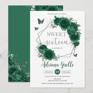 Invitation Emerald Green Floral Butterflies Sweet 16 Annivers