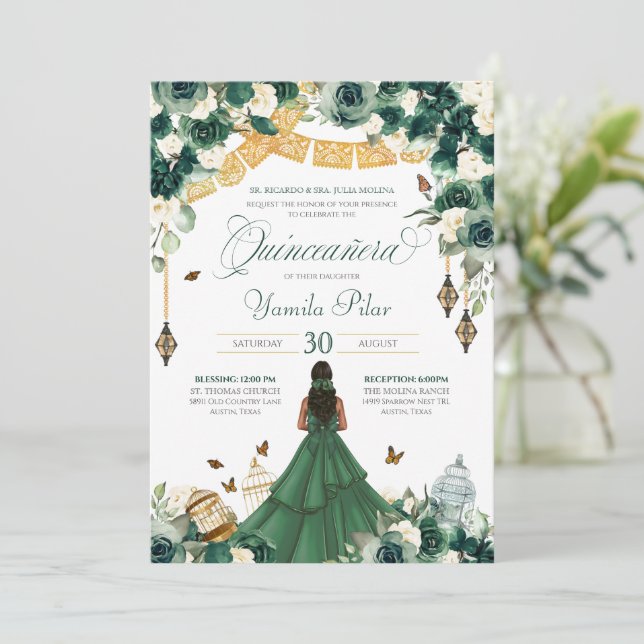 Invitation Emerald Green Floral Butterfly Garden Elégant Anni (Debout devant)
