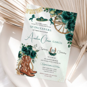 Invitation Emerald Green Floral Charro Cowgirl Quinceanera