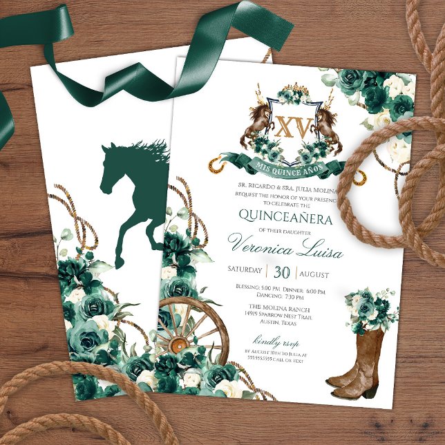 Invitation Emerald Green Floral Crest Charro Quinceanera (Créateur téléchargé)
