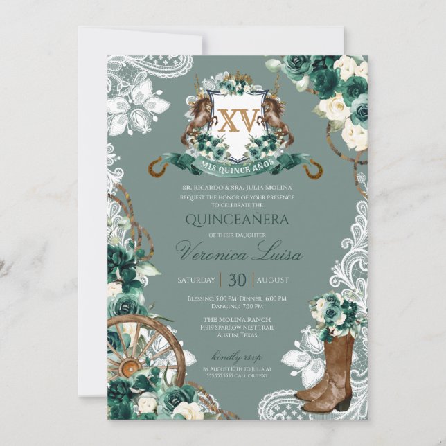 Invitation Emerald Green Floral Crest Charro Quinceanera Invi (Devant)