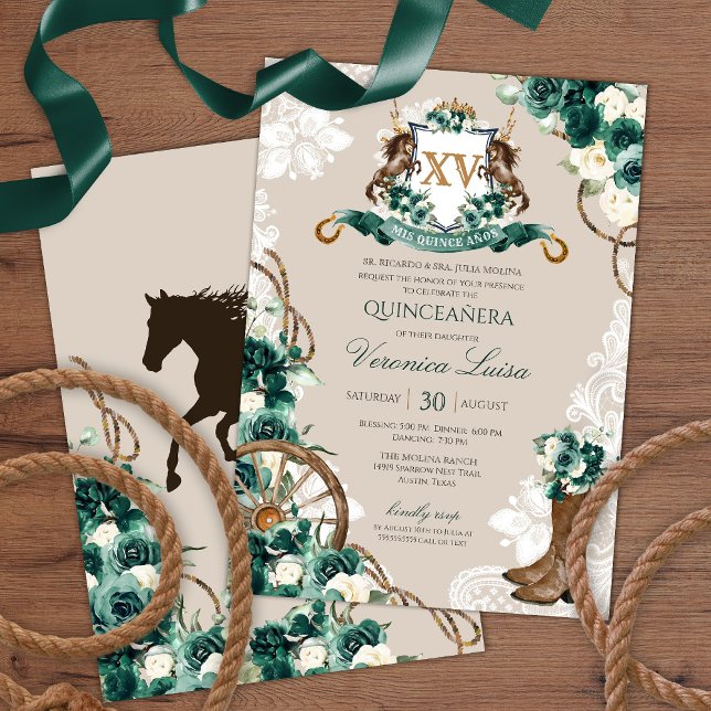 Invitation Emerald Green Floral Crest Charro Quinceanera v3 (Créateur téléchargé)