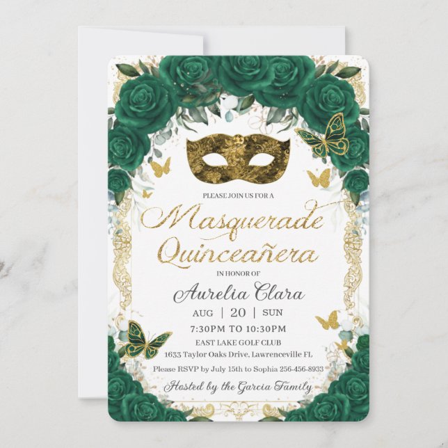 Invitation Emerald Green Floral Gold Masquerade Quinceañera (Devant)