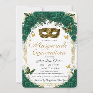 Invitation Emerald Green Floral Gold Masquerade Quinceañera