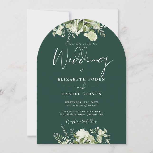 Invitation Emerald Green Floral Greenery QR Code Mariage Arc (Devant)