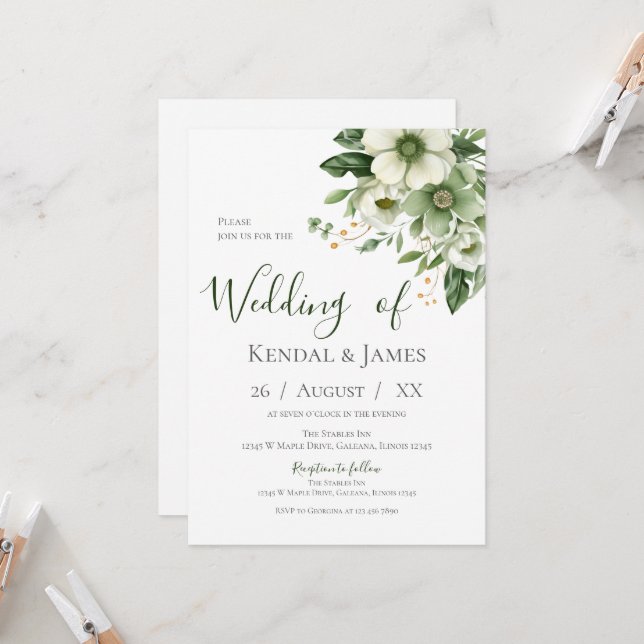 Invitation Emerald Green Floral Mariage (Devant/Arrière en situation)