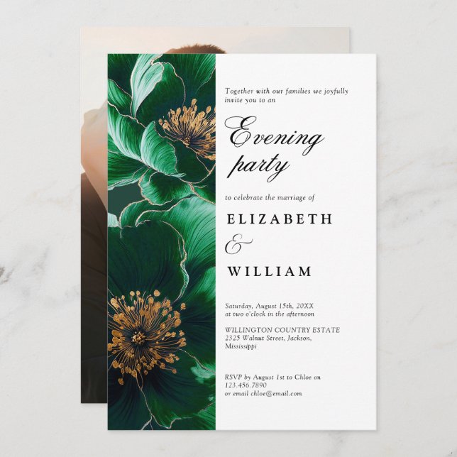 Invitation Emerald Green Floral Mariage soirée photo (Devant / Derrière)