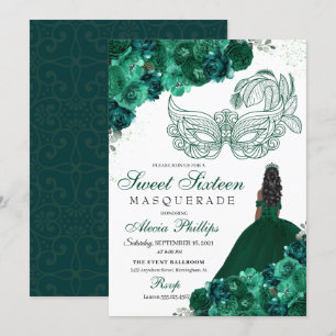 Invitation Emerald Green Floral Masquerade Sweet 16 invitatio