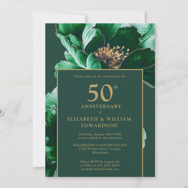 Invitation Emerald Green Floral Moderne 50e Anniversaire (Devant)