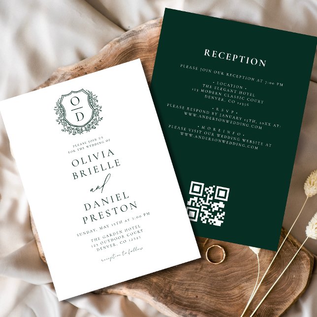 Invitation Emerald Green Floral Monogram Mariage QR Code (Créateur téléchargé)