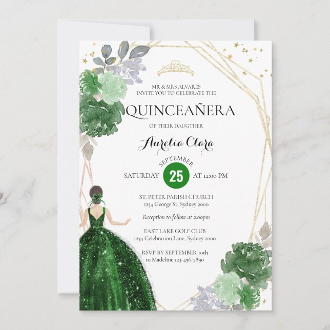 Invitation Emerald Green Floral Photo géométrique Quinceañera (Devant)
