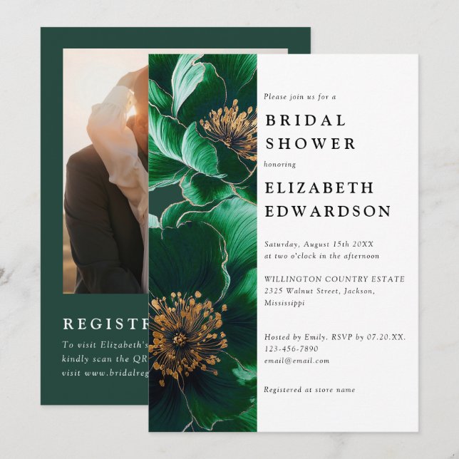 Invitation Emerald Green Floral Photo QR Code Fête des mariée (Devant / Derrière)