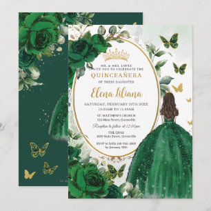 Invitation Emerald Green Floral Princess Gold Quinceañera