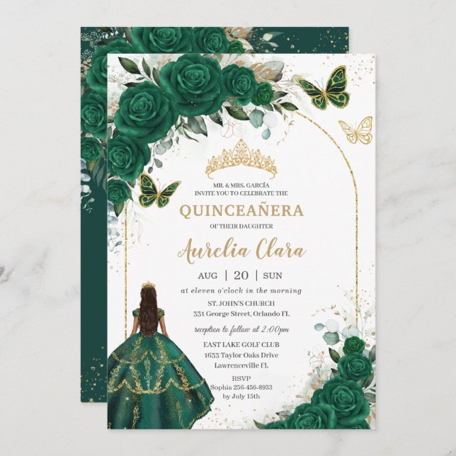 Invitation Emerald Green Floral Princess Quinceañera (Devant / Derrière)