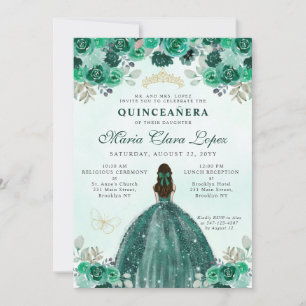 Invitation Emerald Green Floral Princess Quinceañera
