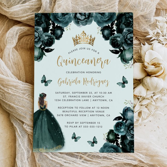 Invitation Emerald Green Floral Princess Quinceañera (Créateur téléchargé)