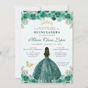 Invitation Emerald Green Floral Princess Quinceañera