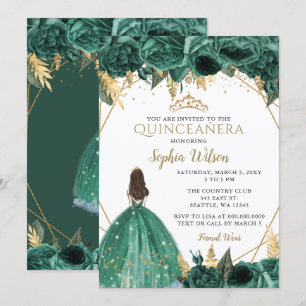 Invitation Emerald Green Floral Princess Quinceañera in