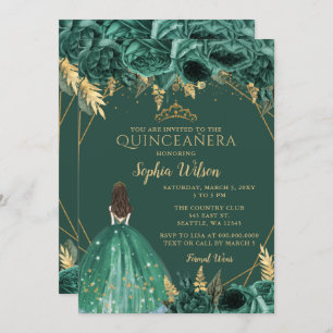Invitation Emerald Green Floral Princess Quinceañera in